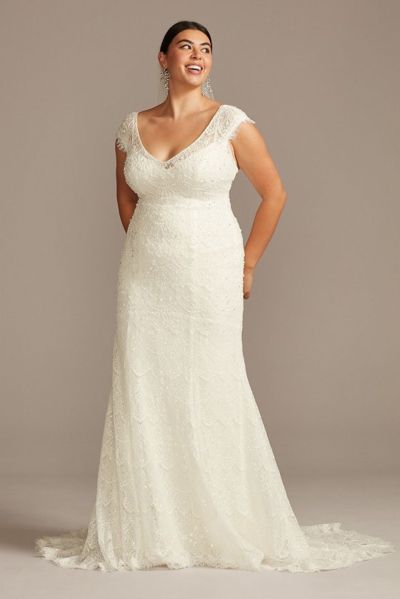Cap Sleeves Plus Size Long Trumpt Lace Wedding Gown Style 8MS251206
