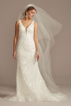 Geometric Beaded Illusion Plunge Wedding Dress SWG873