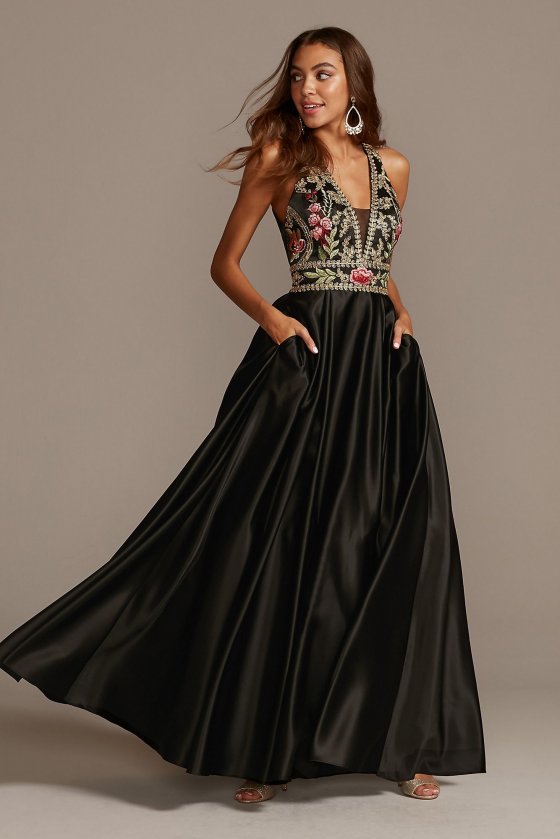 Floral Embellished Long 2096BN Satin Prom Gown with Open Back [2096BN]