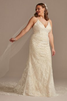 Beaded Applique Tulle Tall Plus Wedding Dress Oleg Cassini 4XL8CWG904