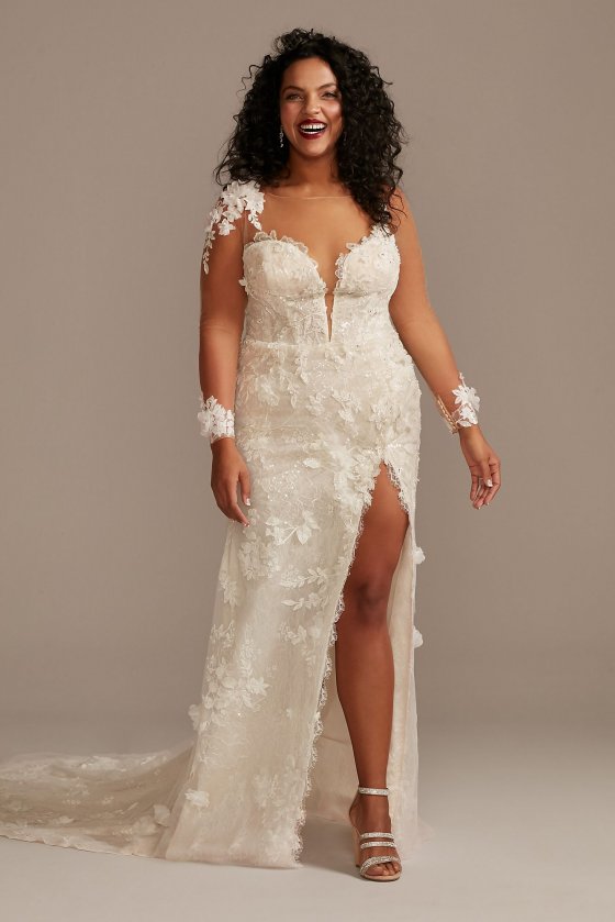 3D Floral Tall Plus Wedding Dress with High Slit Galina Signature 4XL9MBSWG886 [4XL9MBSWG886]