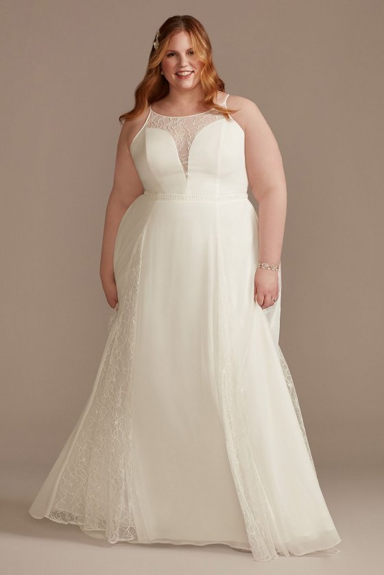 Sheer High Neck Lace Godet Tall Plus Wedding Dress DB Studio 4XL9WG4021