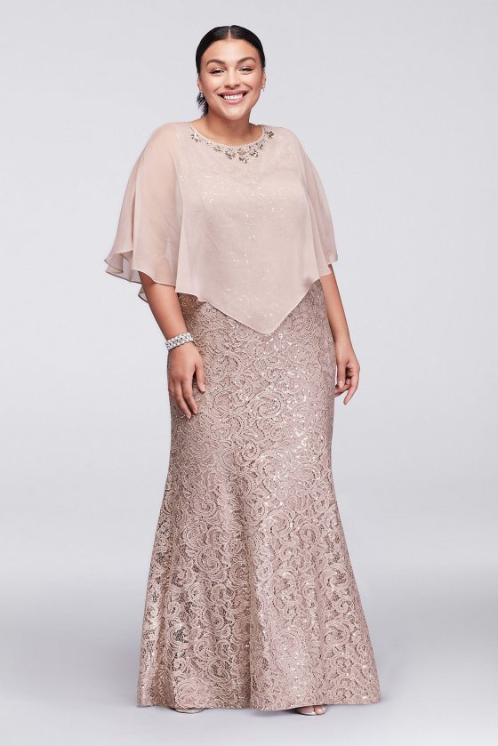 Long Lace Plus Size Dress with Beaded Capelet 3523DW [3523DW]
