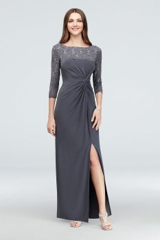 3/4-Sleeve Sequin Lace and Ruched Jersey Gown 82351462