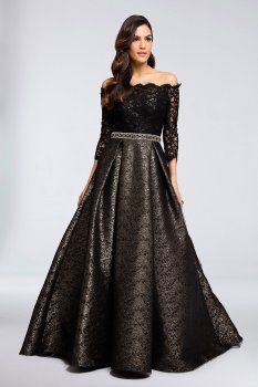 Belted Scallop Lace Ball Gown with Metallic Skirt 1723E4271