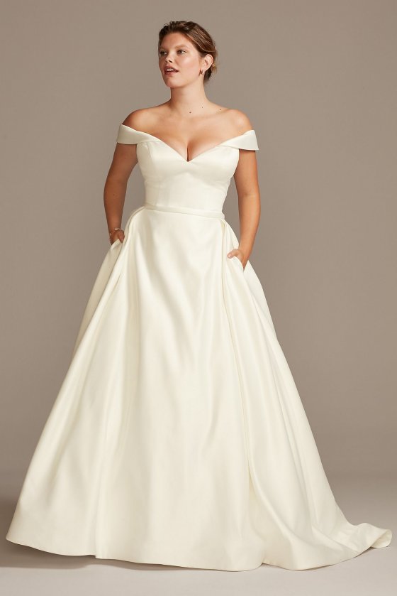 Plus Size A-line Satin Off the Shoulder Wedding Dress 9WG3979 with Pockets