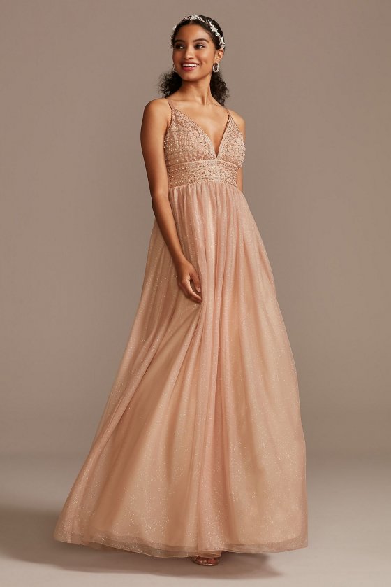 Glitter Tulle V-Neck Maxi Dress with Beaded X43796TCY
