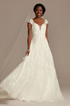Cap Sleeve 3D Floral Lace Tall Wedding Dress Oleg Cassini 4XLCWG907