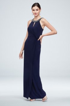 Long Sheath 262062D Style Beads Embellished High Neck Dress with Knot Detail