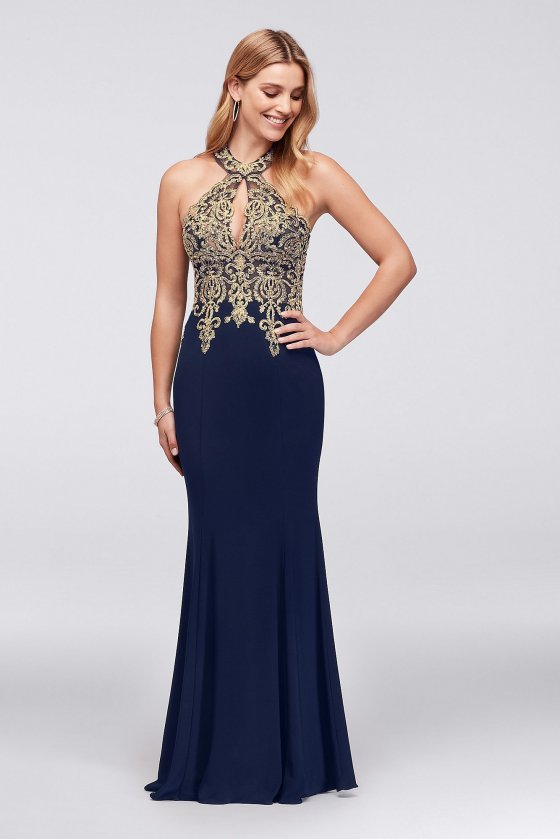 Metallic Lace and Jersey Round Neck Halter Gown XS9331 [XS9331]