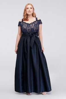 Pleated Taffeta Plus Size Dress with Lace Bodice 2056W
