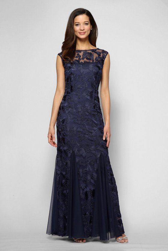 Elegant Cap Sleeves 117152D Embroidered Dress with Tulle Godets