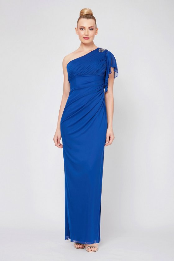 Elegant New 7132132 One-Shoulder Ruched Sheath Dress with Embellishment [7132132]
