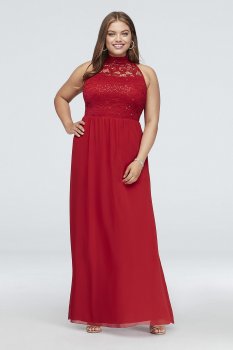 High-Neck Illusion Lace and Chiffon Plus Size Gown W37041H664