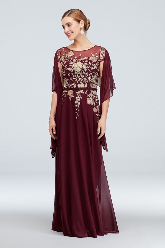 Metallic Floral Illusion Cap Sleeve Gown and Shawl 60314D [60314D]