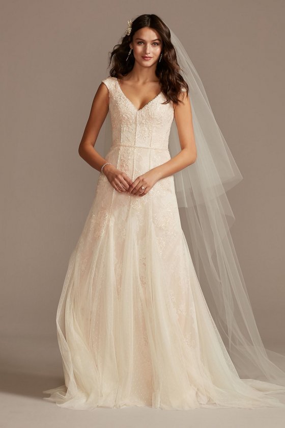 Cap Sleeve Dot Trim Point DEsprit Wedding Dress MS251230