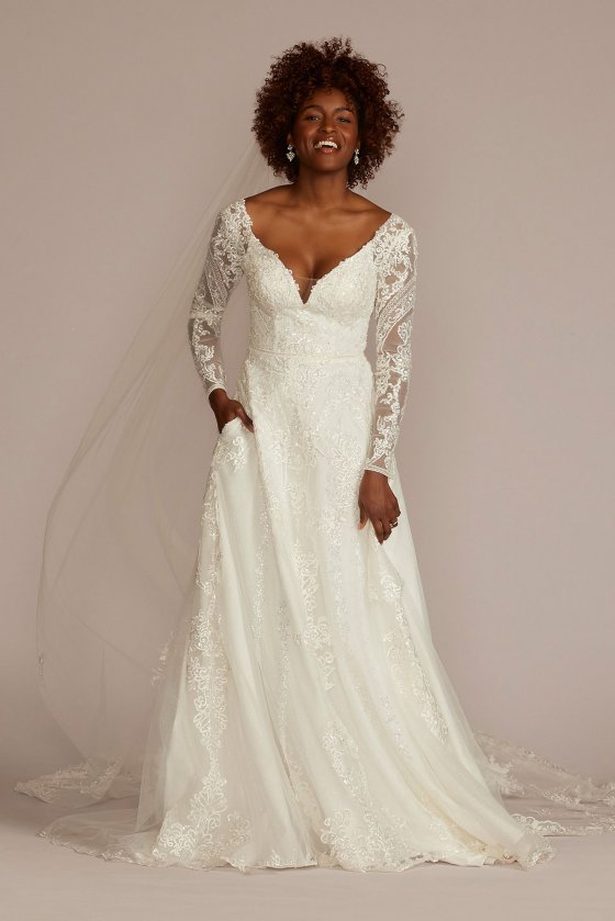 Lace Applique Long Sleeve Petite Wedding Dress Oleg Cassini 7SLCWG905
