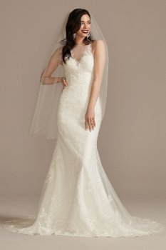 Buttoned Illusion Back Wedding Dress with Applique Oleg Cassini CWG909