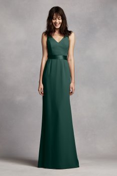 Long V Neck Crepe Gown with Open Back VW360195