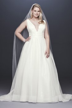 Plunging Sequin Tulle Plus Size Wedding Dress 9SV821