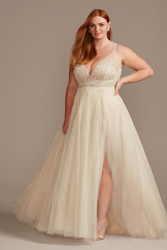 Sexy Plus Size 9SWG837 Beaded Plunging-V Illusion Wedding Dress [9SWG837]
