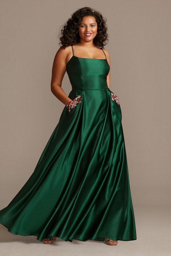 Newest Blondie Nites Plus Size Spaghetti Straps 2129BNW Satin Prom Gown with Floral Pockects