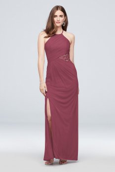 Long Sheath High Neck F19985 Style Bridesmaid Dress with Side Slit