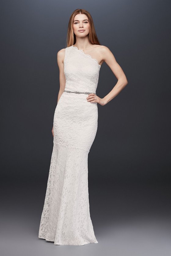 Scalloped One-Shoulder Lace Sheath Gown 183668DB [183668DB]