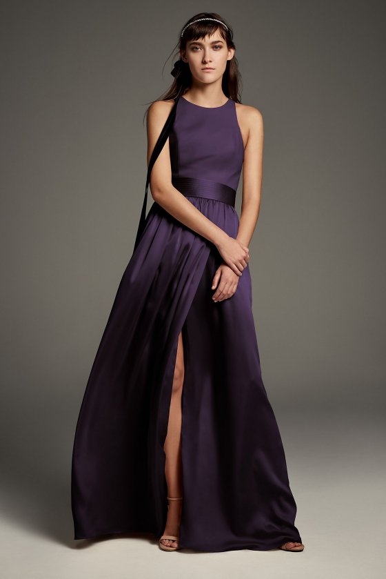 High-Neck Crepe Halter Bridesmaid Gown with Sash VW360463 [VW360463]