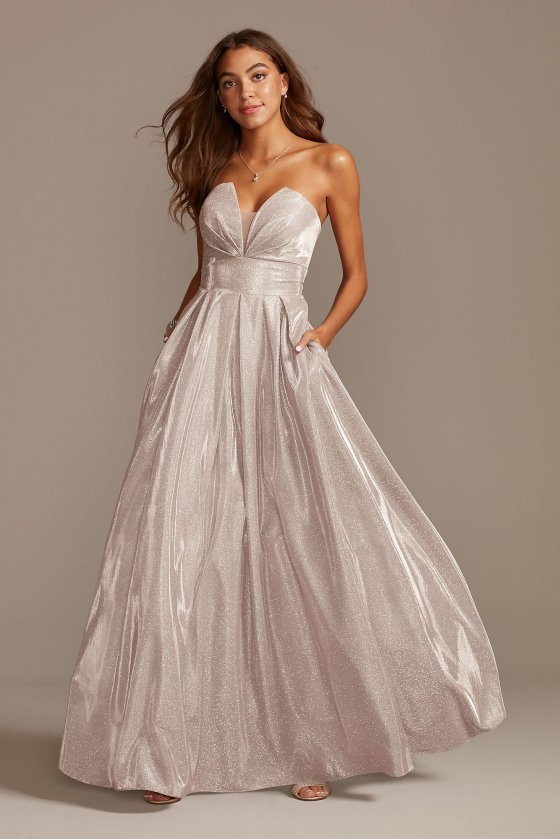 Long A-line Glittery Strapless Sweetheart Neckline Ball Gown with Illusion Plunge Style A23053