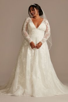 Lace Long Sleeve Open Back Tall Plus Wedding Dress Oleg Cassini 4XL8CWG893