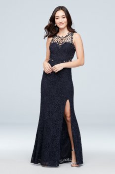 Modern Geometric Neckline Long Sheath Lace Occassion Dress Style 3930SE3B