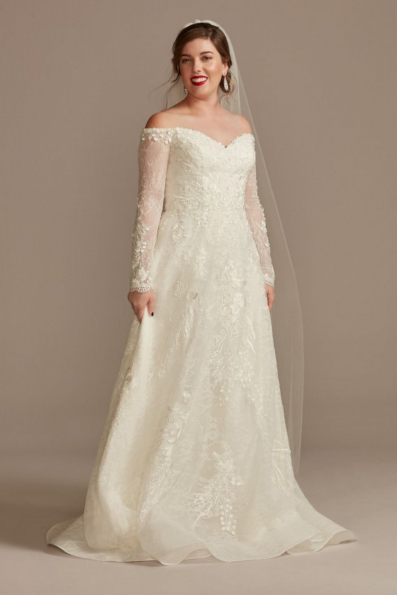 Leafy Applique Lace Off the Shoulder Wedding Dress Oleg Cassini CWG891 [CWG891]