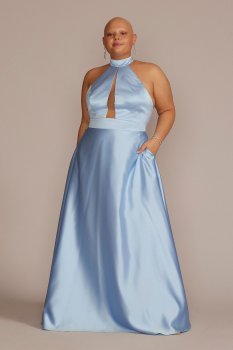 Plus Size Satin Halter A-Line with Bodice Cutout Jules and Cleo D24NY22085V2W