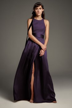 High-Neck Crepe Halter Bridesmaid Gown with Sash VW360463