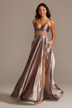 Plunging Shiny Satin Side Poeckets Gown with Illusion and Slit X43391DQ96