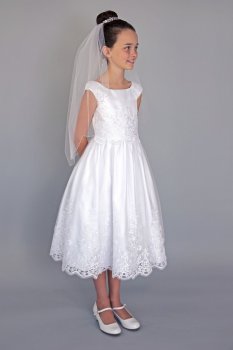 C5-363 Embroidered Cap Sleeve Tea-Length Communion Dress