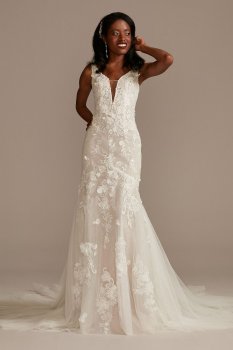 Beaded Lace 3D Floral Tall Tulle Wedding Dress Galina Signature 4XLSWG897