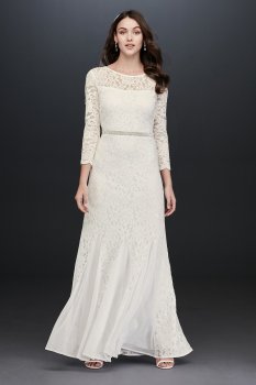 Long Sleeve Lace and Sequin Sheath with Godets 649793D