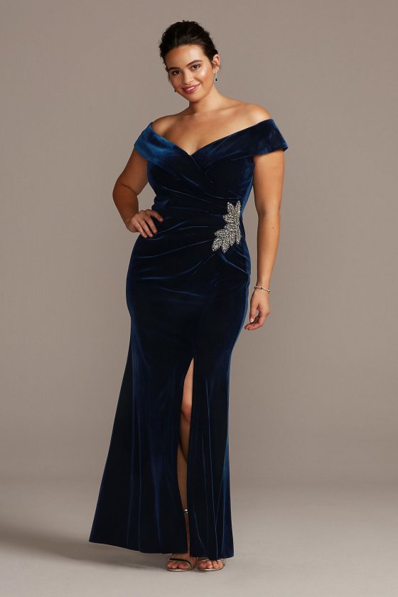 Plus Size Beaded Off-the-Shoulder Velvet 84917701 Style Gown [MR84917701]