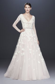 Petite Long Illusion Sleeve Plunging Neck 7SWG820 Style Wedding Dress