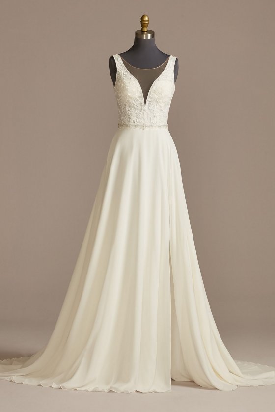 Lace Applique Plunge Chiffon Skirt Wedding Dress Galina Signature LBSWG842
