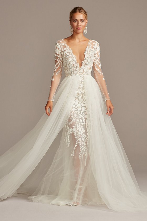 Floral Illusion Tall Bodysuit Wedding Dress Galina Signature 4XLSWG851 [4XLSWG851]