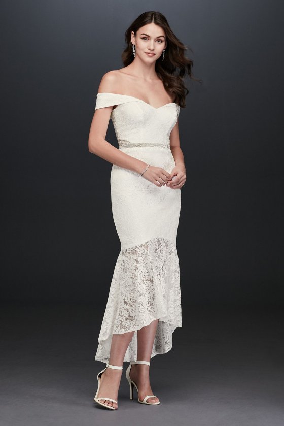 Sexy Off-the-Shoulder High Low Bridal Lace Gown Style 1450X [MR1450X]