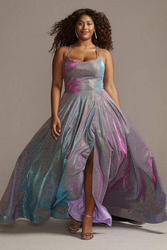 Plus Size Long A-line Lace-Up Back Metallic Iridescent Glitter Dress 2139D [2139D]