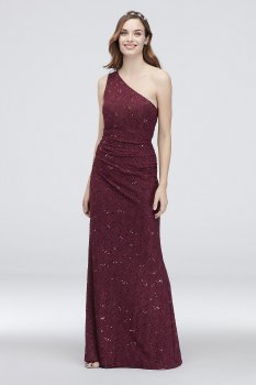 One-Shoulder Ruched Sequin Lace Mermaid Dress DS270016