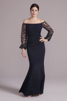 Off-the-Shoulder Crepe Gown with Illusion Sleeves Oleg Cassini WBM2965