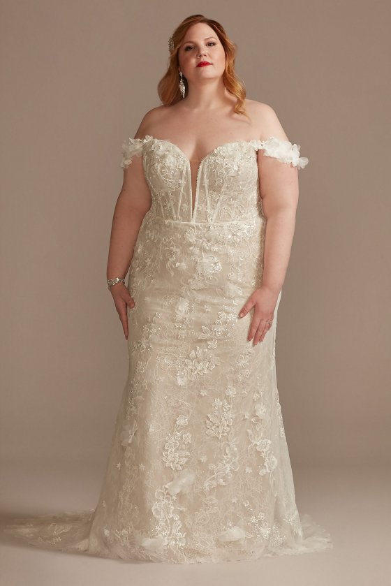 3D Floral Applique Plunge Plus Size Wedding Dress Galina Signature 9LSSWG885 [9LSSWG885]