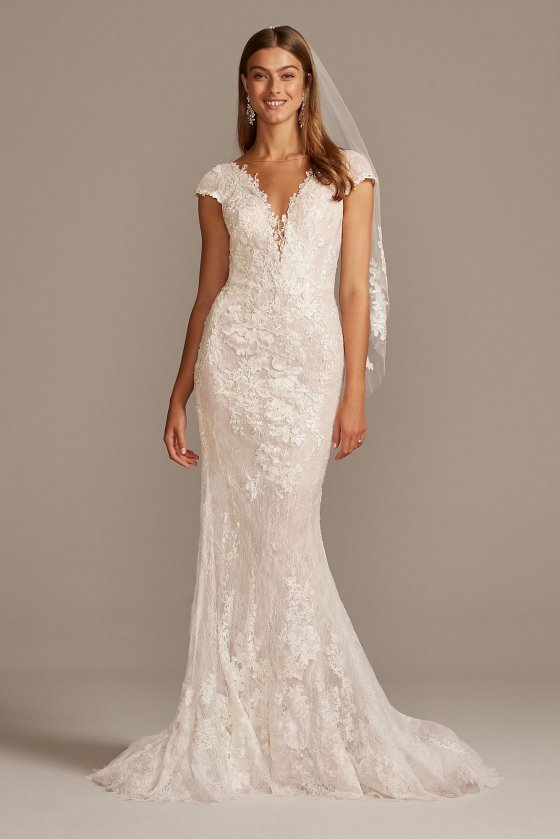 Chantilly Lace Cap Sleeve Mermaid Wedding Dress CWG847 [CWG847]