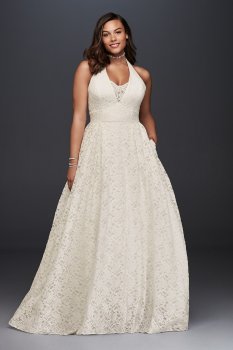 Plunging Lace Halter Plus Size Wedding Dress 9WG3844